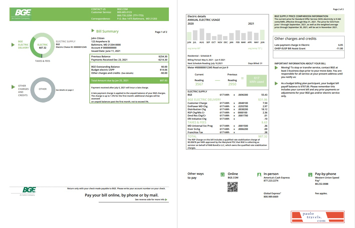 USA Maryland Baltimore Gas and Electric (BGE) utility bill template in Word and PDF format (2 pages)
